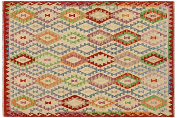 Flat Weave Kilim, Antique, Navaho, Vintage, Handmade, Geometric Kilim Beige Rust Hand-Woven Rectangle 100% Wool Area Rug 6 x 7